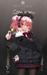  1girl beret black_hat black_jacket black_pantyhose bow bowtie brown_eyes candy character_name commission food girls&#039;_frontline hair_between_eyes hair_bobbles hair_ornament hand_in_pocket hat headphones highres holding holding_candy holding_food holding_lollipop jacket lollipop long_sleeves mouth_hold mp7_(girls&#039;_frontline) nail_polish off_shoulder one_side_up pantyhose pink_bow pink_bowtie pleated_skirt shirt skeb_commission skirt solo soukou_makura sparkle white_shirt  rating:Sensitive score:6 user:danbooru