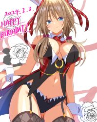  1girl 2024 animal_ears arm_at_side bare_shoulders black_panties blonde_hair blue_eyes blush breasts cleavage closed_mouth commentary_request cowboy_shot dated detached_collar eyes_visible_through_hair flower gluteal_fold hair_ornament hair_ribbon hair_scrunchie happy_birthday hapymaher large_breasts long_hair looking_at_viewer low_twintails navel neck_ribbon nontraditional_playboy_bunny panties pink_scrunchie plaid plaid_ribbon rabbit_ears rabbit_girl red_ribbon ribbon rose sakuratoru scrunchie shiny_skin simple_background smile solo split_mouth tsurime twintails underwear white_background white_flower white_rose white_wrist_cuffs wrist_cuffs yayoi_b_lutwidge 