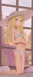  1girl blonde_hair blue_bow blue_ribbon bow bow_panties bra braid cameltoe closed_mouth commentary creatures_(company) flat_chest frilled_bra frills game_freak green_eyes hat hat_ribbon highres indoors kneeling lillie_(pokemon) loli long_hair navel nintendo own_hands_together panties pokemon pokemon_sm ribbon shamonabe smile solo stomach sun_hat twin_braids underwear underwear_only white_bra white_hat white_panties window  rating:Questionable score:234 user:danbooru