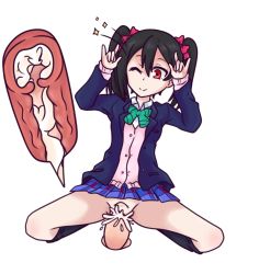  1boy 1girl bottomless bow bowtie bulge buttons closed_mouth clothes_lift collared_shirt commission cross-section cum cum_in_pussy disembodied_penis fertilization flat_chest girl_on_top happy happy_sex hetero highres impregnation looking_at_viewer love_live! love_live!_school_idol_project nico_nico_nii no_panties one_eye_closed ovum penis pussy red_eyes school_uniform sex shirt skirt skirt_lift smile socks sparkle spread_legs stomach_bulge twintails vaginal wet white_background wink yazawa_nico  rating:Explicit score:58 user:RikkaRitsu