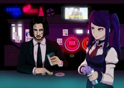  1boy 1girl absurdres actor_connection alcohol allgreen bad_id bad_pixiv_id bartender beard black_hair black_jacket black_neckwear coin collared_shirt commentary crossover cup cyberpunk_(series) cyberpunk_2077 english_commentary facial_hair glasses highres holding holding_cup jacket jill_stingray john_wick john_wick_(character) johnny_silverhand keanu_reeves long_hair long_sleeves necktie purple_hair red_eyes red_neckwear shirt sidelocks twintails va-11_hall-a vest white_shirt  rating:Sensitive score:39 user:danbooru