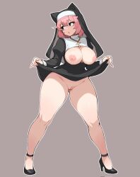  1girl animal_ears breasts clothes_lift commentary cross cross_necklace english_commentary fake_animal_ears full_body grey_background high_heels highres jewelry large_breasts maidcousin nail_polish navel necklace nipples nun open_mouth original pink_hair pussy short_hair simple_background skirt skirt_lift thighs 