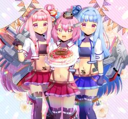  3girls :d black_gloves blue_hair blue_skirt brown_thighhighs cake character_request collarbone commentary_request commission crop_top cropped_jacket food gloves hair_between_eyes hair_intakes happy_birthday holding holding_plate jacket kotonoha_akane kotonoha_aoi kou_hiyoyo long_hair multiple_girls navel open_clothes open_jacket open_mouth pennant pink_hair plate pleated_skirt polka_dot purple_eyes purple_thighhighs red_eyes red_skirt short_sleeves siblings sisters skeb_commission skirt smile standing string_of_flags striped_background thighhighs very_long_hair voiceroid white_jacket 