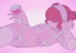  bra breasts closed_eyes cup double_bun frilled_bra frilled_panties frilled_sleeves frilled_thighhighs frills gradient_background hair_bun highres holding holding_cup lingerie lying medium_breasts navel on_side original panties pink_background red_hair short_hair tcav97hj2o25991 thighhighs underwear underwear_only white_bra white_panties white_sleeves 