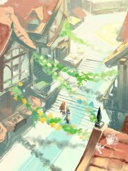 1boy 1girl absurdres albedo_(genshin_impact) building city from_above from_behind genshin_impact highres house klee_(genshin_impact) outdoors plant rooftop scenery stairs stone_stairs stone_walkway walking zuu_(kyuudo9) 