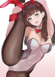  1girl :d absurdres armpits arms_up black_pantyhose blue_eyes bow bowtie breasts brown_hair cleavage detached_collar ev_(dai00888) grey_leotard hairband highres isonokami_tao leotard long_hair looking_at_viewer medium_breasts megami_tensei open_mouth pantyhose playboy_bunny red_bow red_bowtie shin_megami_tensei shin_megami_tensei_v smile split standing standing_on_one_leg standing_split white_background wrist_cuffs  rating:Sensitive score:55 user:danbooru