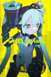  1girl ahoge android aqua_eyes aqua_hair aqua_necktie bare_shoulders black_sleeves bright_pupils cable_hair character_name cheri_zao commentary cyberpunk_(series) detached_sleeves full_body hatsune_miku highres holding holding_megaphone joints logo_parody long_hair looking_at_viewer mechanical_parts megaphone miniskirt necktie number_tattoo proto_miku_(cheri_zao) robot_girl robot_joints see-through see-through_skirt see-through_sleeves shadow shirt skirt sleeveless sleeveless_shirt solo standing tattoo very_long_hair vocaloid white_pupils yellow_background 