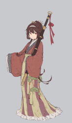 1girl brown_hair chinese_clothes closed_mouth frills full_body grey_background hair_ornament hairband hanfu highres long_hair long_sleeves looking_at_viewer red_eyes ribbon sash sheath sheathed simple_background sleeves_past_fingers sleeves_past_wrists solo standing sword very_long_hair weapon wide_sleeves zhiju 