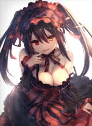1girl bare_shoulders black_dress black_hair black_hairband black_sleeves breasts brown_eyes cleavage collarbone commentary_request date_a_live detached_sleeves dress frilled_hairband frills gradient_background grey_background hair_between_eyes hairband head_tilt heterochromia highres large_breasts long_hair long_sleeves nogi_lief parted_lips red_eyes red_ribbon ribbon sleeveless sleeveless_dress smile solo strap_slip tokisaki_kurumi twintails white_background rating:Sensitive score:45 user:danbooru