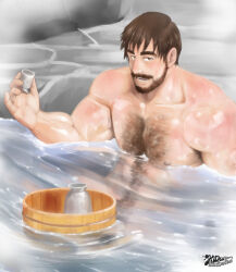  1boy bara beard brown_hair completely_nude cup facial_hair full_beard hairy holding holding_cup kaku_(kakuillustrate) large_pectorals looking_at_viewer male_focus mature_male muscular muscular_male musical_note mustache nipples nude onsen original partially_submerged pectorals quarter_note seductive_smile short_hair smile solo thick_chest_hair thick_eyebrows thick_mustache thick_navel_hair tsurime wet wet_hair 
