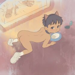  1boy all_fours animal_ears arched_back ass ass_focus bell black_hair blush bowl cat_boy collar fanbox_reward highres looking_at_viewer looking_up lunaflame male_focus milk nude on_floor original paid_reward paid_reward_available pet_bowl shoes_only shota suggestive_fluid  rating:Explicit score:67 user:Verify45