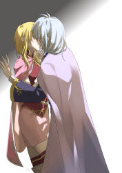  1boy 1girl absurdres blonde_hair braid cape commentary_request couple fire_emblem fire_emblem:_the_blazing_blade grey_background grey_hair hand_on_another&#039;s_chin hetero highres kiss kiss_day long_hair louise_(fire_emblem) midori_no_baku nintendo pent_(fire_emblem) purple_cape simple_background standing wide_sleeves 