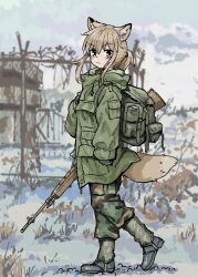  1girl absurdres animal_ears backpack bag boots brown_eyes brown_hair closed_mouth fox_ears fox_girl fox_girl_(yihan1949) fox_tail gloves gun highres looking_at_viewer military_uniform original ponytail rifle scope sniper_rifle solo tail uniform walking weapon winter yihan1949  rating:General score:4 user:milesseventh