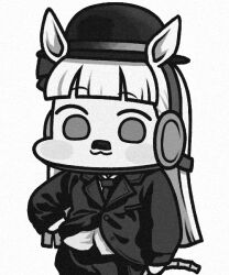 1girl animal_ears blunt_bangs blunt_ends blush_stickers bow bowler_hat charlie_chaplin charlie_chaplin_(cosplay) chibi commentary cosplay cowboy_shot ear_bow fake_facial_hair fake_mustache formal gold_ship_(umamusume) greyscale hat headgear horse_ears horse_girl jazz_jack long_hair looking_at_viewer monochrome mustache necktie pencil_mustache solo suit toothbrush_mustache umamusume wide_face