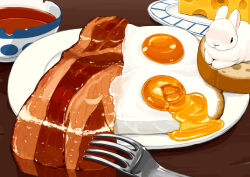 animal bacon bowl bread bread_slice cheese egg_(food) egg_yolk food food_focus fork fried_egg lilac_(p-f_easy) no_humans original plate rabbit table  rating:General score:4 user:danbooru