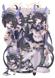  1girl apron black_dress black_hair black_tail closed_mouth commission dress frilled_apron frilled_dress frills hair_between_eyes halo horns kasa_(hitori_sanka) long_hair low_twintails maid maid_apron multiple_views open_mouth original pointy_ears puffy_short_sleeves puffy_sleeves purple_eyes purple_horns purple_wings short_sleeves skeb_commission thighhighs twintails white_apron white_thighhighs wings yellow_halo 
