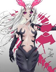  1girl aura black_sclera breasts brother_and_sister bug centipede cleavage colored_sclera corruption cowboy_shot dark_persona disgaea elbow_gloves facial_tattoo gloves glowing glowing_eyes highres liezerota liezerota_(disgaea) long_hair looking_at_viewer makai_senki_disgaea_5 medium_breasts midriff nippon_ichi official_alternate_costume official_alternate_eye_color official_alternate_hair_color outstretched_arm possessed possession purple_eyes siblings slit_pupils solo straight-on takumi_munato tattoo void_dark_(disgaea) white_hair 
