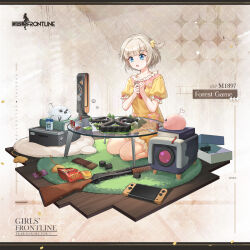  1girl 2023 :o ammunition bag bare_arms bare_legs bird bladeless_fan blonde_hair blue_eyes board_game book box character_name chilunchilun commentary copyright_name dice english_commentary full_body girls&#039;_frontline griffin_&amp;_kryuger gun hair_ornament hair_scrunchie highres juice_box kneeling m1897_(forest_game)_(girls&#039;_frontline) m1897_(girls&#039;_frontline) nintendo_switch official_alternate_costume official_art open_box open_mouth own_hands_together pajamas pink_bird pump_action rug scrunchie second-party_source seiza short_hair short_sleeves shotgun shotgun_shell simple_background sitting snack solo star_(symbol) sticker weapon white_background white_bird winchester_model_1897 wooden_floor yellow_pajamas yellow_scrunchie 