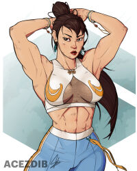  1girl abs acezdib acezdib adjusting_hair arms_up asian breasts brown_eyes brown_hair capcom chun-li closed_mouth crop_top cropped_legs dirty earrings hair_bun hand_in_own_hair high_ponytail jewelry long_hair mature_female medium_breasts midriff muscular muscular_female official_alternate_costume official_alternate_hairstyle single_hair_bun solo standing street_fighter street_fighter_6 toned 