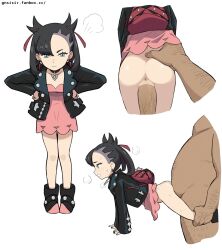  &gt;:( 1boy 1girl anus ass backpack bag black_hair body_hair boots breasts choker clenched_teeth coat creatures_(company) dress from_behind game_freak gnsisir green_eyes highres interracial leaning_forward loli marnie_(pokemon) nintendo one-piece_dress penis pokemon pokemon_swsh pout sex sex_from_behind simple_background small_breasts sweat teeth uncensored vaginal veins veiny_penis white_background 