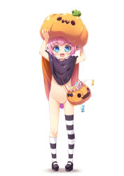  1girl :d absurdres arms_up asymmetrical_legwear black_cape black_footwear blue_eyes blush bottomless brown_ribbon candy candy_wrapper cape cleft_of_venus food full_body hair_ribbon halloween halloween_bucket highres kneehighs kuwada_yuuki loli lollipop looking_at_viewer mary_janes multicolored_cape multicolored_clothes naked_cape navel open_mouth orange_cape original pink_hair platform_footwear pumpkin_hat pussy ribbon shoes short_hair single_kneehigh single_sock single_thighhigh smile socks solo standing striped_clothes striped_socks striped_thighhighs swirl_lollipop thighhighs two_side_up uneven_legwear white_background  rating:Explicit score:39 user:danbooru