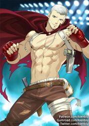  1boy abs bandaid bara facial_hair feet_out_of_frame goatee_stubble kienbiu looking_at_viewer male_focus muscular muscular_male navel nipples paid_reward_available persona persona_3 persona_4:_the_ultimate_in_mayonaka_arena sanada_akihiko scar scar_on_chest solo standing stomach stubble white_hair 