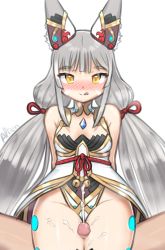  1boy 1girl absurdres alten animal_ears artist_name blush breasts cat_ears cleavage covered_navel cum ejaculation gem hetero highres jewelry long_hair naughty_face nia_(blade)_(xenoblade) nia_(xenoblade) open_mouth penis ribbon silver_hair simple_background sitting smile solo_focus spoilers thigh_sex thighs tongue tongue_out twintails very_long_hair xenoblade_chronicles_(series) xenoblade_chronicles_2 yellow_eyes  rating:Explicit score:90 user:xenodan