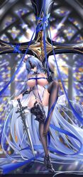 1girl absurdly_long_hair absurdres alsace_(azur_lane) armored_boots armored_legwear azur_lane bare_shoulders belt between_breasts black_belt black_gloves black_nails black_thighhighs black_tiara blue_hair blue_ribbon boots breast_strap breastless_clothes breasts chinese_commentary cleavage closed_mouth collarbone commentary_request covered_eyes covered_navel cross detached_collar dress elbow_gloves eye_mask full_body gauntlets gloves halo halo_behind_head hand_up headgear highres holding holding_sword holding_weapon iue_(artist) knee_up large_breasts long_hair mask parted_bangs ribbon shadow sidelocks single_boot single_elbow_glove skindentation solo standing standing_on_one_leg strap_between_breasts sword thighhighs tiara underbust very_long_hair weapon white_dress 