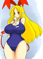  blonde_hair breasts curvy demon demon_tail disgaea eating flonne flonne_(fallen_angel) food hair_ornament huge_breasts ice_cream icicle mound_of_venus aged_up one-piece_swimsuit pointy_ears red_eyes school_swimsuit sexually_suggestive standing swimsuit tail wide_hips zeon_(pixiv722928)  rating:Questionable score:11 user:Xander