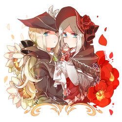  2girls ascot blonde_hair bloodborne blue_eyes bonnet covered_mouth doll_joints flower gem hair_flower hair_ornament hair_ribbon hat highres joints lady_maria_of_the_astral_clocktower long_hair looking_at_viewer maou_skun multiple_girls petals plain_doll ponytail ribbon rose rose_petals sunflower the_old_hunters white_hair  rating:Sensitive score:20 user:twilight_jester