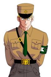  1boy alternate_costume armband arms_behind_back arrow_(symbol) blonde_hair blue_(dragon_ball) blue_eyes brown_pants brown_shirt collared_shirt cowboy_shot dragon_ball dragon_ball_(classic) facing_viewer general_(kaiser_knuckle) green_necktie looking_at_viewer military military_uniform necktie ns2d pants red_ribbon_army shirt solo transparent_background uniform 