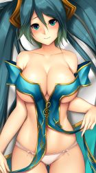  1girl absurdres aqua_eyes aqua_hair bed_sheet blush breasts cleavage collarbone gluteal_fold highres large_breasts league_of_legends long_hair looking_at_viewer lying md5_mismatch navel on_back panties resolution_mismatch solo sona_(league_of_legends) source_smaller tony_guisado underwear  rating:Sensitive score:64 user:danbooru