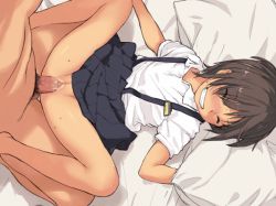 1boy 1girl age_difference animated animated_gif blush bottomless brown_hair clenched_teeth clitoris closed_eyes flat_chest grin happy_sex hetero kikurage_(crayon_arts) loli looping_animation lying missionary name_tag no_panties on_back original penis pillow pussy pussy_juice school_uniform sex short_hair smile spread_legs suspenders sweat tan teeth testicles third-party_edit uncensored urethra vaginal rating:Explicit score:338 user:illegal_sucс