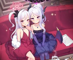  2girls :q absurdres black_hairband black_horns blue_archive blush breasts chocolate_chip_cookie cookie couch crossed_legs cup dangle_earrings demon_girl demon_horns demon_wings dress earrings elbow_gloves embarrassed fishnet_pantyhose fishnets food fur_shawl gloves hairband halo highres hina_(blue_archive) hina_(dress)_(blue_archive) horns hot_chocolate indoors jewelry long_hair looking_at_viewer luxuriou_s multiple_girls multiple_horns mutsuki_(blue_archive) mutsuki_(dress)_(blue_archive) necklace official_alternate_costume official_alternate_hairstyle on_couch pantyhose pearl_earrings pendant pointy_ears purple_dress purple_eyes purple_gloves purple_pantyhose purple_wings red_dress red_eyes red_halo shawl sheet_music sitting sleeveless sleeveless_dress small_breasts sparkle strapless strapless_dress table tongue tongue_out white_fur white_hair wings 