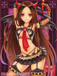  1girl arms_behind_head artist_name bad_id bad_pixiv_id bat_wings blush breasts brown_hair chain cleavage colored_pencil_(medium) contrapposto demon_girl female_focus fishnets garter_straps heart heart_tattoo horns koakuma long_hair maco_(macoillust) marker_(medium) purple_eyes skirt smile solo spikes standing tattoo thighhighs touhou traditional_media very_long_hair wings  rating:Questionable score:33 user:danbooru