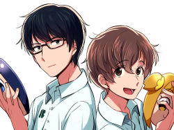  2boys :d asada_hachi black-framed_eyewear black_hair brown_eyes brown_hair buttons character_mask closed_mouth collared_shirt commentary_request dated_commentary dress_shirt glasses hair_between_eyes holding holding_mask ishikawa_kaito looking_at_viewer male_focus mask multiple_boys nine_(zankyou_no_terror) open_mouth pipimi poptepipic popuko saitou_souma school_uniform shirt short_hair simple_background smile twelve_(zankyou_no_terror) upper_body voice_actor_connection white_background white_shirt zankyou_no_terror 