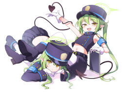  2girls armband bare_shoulders black_hat black_jacket black_skirt black_tail blue_archive blue_armband closed_mouth commentary_request crop_top cropped_jacket full_body gloves green_hair green_halo halo hat highres hikari_(blue_archive) jacket long_hair long_sleeves looking_at_viewer median_furrow multiple_girls navel nozomi_(blue_archive) pantyhose peaked_cap pleated_skirt pointy_ears shoe_soles simple_background skirt sleeveless sleeveless_jacket tail top-down_bottom-up twintails white_background white_gloves white_pantyhose yellow_eyes zaxwu 