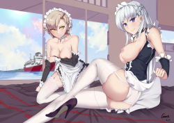 2girls absurdres apron artist_name ass azur_lane bare_shoulders beach belfast_(azur_lane) black_footwear blue_eyes blush braid breasts chain clothes_lift collar collarbone dated day french_braid frilled_apron frills full_body garter_straps gins half_updo high_heels highres kneeling large_breasts lifted_by_self long_hair long_sleeves looking_at_viewer looking_back maid maid_headdress medium_breasts multiple_girls nipples no_bra panties parted_lips platinum_blonde_hair sheffield_(azur_lane) ship shoes short_hair silver_hair sitting skirt skirt_lift smile sun thighhighs underbust underwear waist_apron watercraft white_apron white_legwear white_panties window yellow_eyes rating:Questionable score:62 user:danbooru