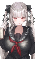  1girl :o azur_lane black_serafuku blush board_eraser breasts chalk collarbone dirty dirty_clothes formidable_(azur_lane) formidable_(the_lover&#039;s_heart_flutters_on_duty)_(azur_lane) grey_hair haruri highres large_breasts long_hair long_sleeves looking_at_viewer neckerchief official_alternate_costume pleated_skirt red_eyes red_neckerchief school_uniform serafuku simple_background skirt solo twintails very_long_hair white_background  rating:Sensitive score:9 user:danbooru