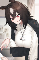  1girl 1other animal_ears black_hair black_jacket blush breasts collared_shirt commentary hayabusa highres horse_ears horse_girl id_card indoors jacket jacket_on_shoulders large_breasts long_hair long_sleeves open_mouth red_eyes shirt sirius_symboli_(umamusume) solo_focus symbol-only_commentary umamusume upper_body white_shirt 