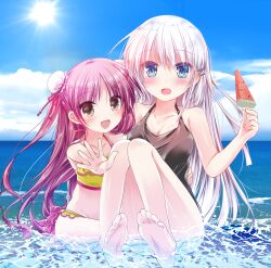  2girls :d asahina_yori bare_arms barefoot bikini black_one-piece_swimsuit blue_eyes blue_sky blunt_ends blush breasts child cleavage cloud collarbone commentary_request convenient_leg day double_bun eyelashes eyes_visible_through_hair feet floating_hair food frilled_bikini frills full_body grey_eyes groin hair_between_eyes hair_bun hair_ornament hairclip halterneck happy highres holding holding_food holding_ice_cream ice_cream katou_umi knees_together_feet_apart knees_up large_breasts long_hair looking_at_viewer multiple_girls naruse_shiroha ocean one-piece_swimsuit open_hand open_mouth outdoors popsicle purple_hair shiny_skin sitting sky smile soles summer summer_pockets sun swimsuit toes very_long_hair watermelon_bar waves white_hair yellow_bikini  rating:Sensitive score:1 user:danbooru