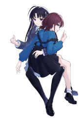  2girls awa_subaru black_footwear black_hair black_jacket black_pantyhose black_skirt blue_eyes blue_shirt chinese_commentary collared_shirt commentary_request girls_band_cry hand_on_another&#039;s_waist highres iseri_nina jacket long_hair looking_at_viewer multiple_girls pantyhose parted_lips pinky_out red_hair shirt short_twintails simple_background sitting sitting_on_lap sitting_on_person skirt smile socks suspender_skirt suspenders tongue tongue_out twintails white_background white_shirt white_socks yun_cao_bing yuri 