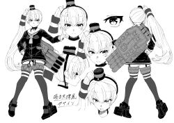  1girl absurdres alternate_hairstyle amatsukaze_(kancolle) character_name character_sheet closed_mouth dress eyebrows garter_straps greyscale hair_between_eyes hair_tubes hand_on_own_hip highres kantai_collection karasuma_kuraha long_hair long_sleeves monochrome multiple_views neckerchief open_mouth ponytail rudder_footwear sailor_dress short_dress side_ponytail simple_background thighhighs torpedo_tubes very_long_hair 