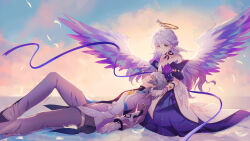 1boy 1girl absurdres angel_wings bare_shoulders blue_tassel breasts brother_and_sister celtreny cleavage closed_eyes coat coattails collar collarbone commentary detached_collar detached_sleeves dress earrings english_commentary facing_up feathers gloves hair_between_eyes hair_intakes halo head_wings highres holding_another&#039;s_head honkai:_star_rail honkai_(series) jewel_under_eye jewelry lap_pillow large_breasts layered_dress long_hair looking_at_another lying musical_note_ornament on_back pants purple_collar purple_dress purple_ribbon purple_sleeves ribbon robin_(honkai:_star_rail) siblings smile squatting sunday_(honkai:_star_rail) twitter_username two-tone_dress white_coat white_dress white_feathers white_gloves white_hair white_pants wings 