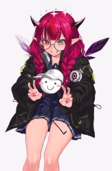 1girl absurdres asymmetrical_wings black_jacket black_shirt black_skirt blue_eyes ckhd collarbone double_halo double_v glasses guyrys halo heterochromia highres hololive hololive_english horns irys_(gaming_casual)_(hololive) irys_(hololive) jacket mismatched_wings multicolored_hair pointy_ears purple_eyes purple_hair red_hair round_eyewear shirt sitting skirt star-shaped_pupils star_(symbol) star_halo stick_figure symbol-shaped_pupils thighs v virtual_youtuber