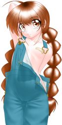 1girl :3 bandaid braid brown_eyes brown_hair delica flat_chest highres loli maebari naked_overalls original overalls pasties solo twin_braids whiskers yuka_(delica) rating:Questionable score:14 user:danbooru