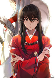  2boys bad_id bad_pixiv_id bishounen black_hair brothers dr_poapo facial_mark inuyasha inuyasha_(character) inuyasha_(human) japanese_clothes jewelry long_hair male_focus multiple_boys necklace pointy_ears sesshoumaru siblings sword weapon white_hair yellow_eyes 