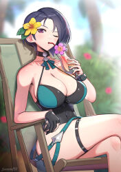  1girl absurdres bare_shoulders beach_chair black_choker black_gloves black_hair black_one-piece_swimsuit breasts casual_one-piece_swimsuit choker cocktail_glass commentary crossed_legs cup drinking drinking_glass drinking_straw fire_emblem fire_emblem:_three_houses fire_emblem_heroes flower gloves gonzarez green_one-piece_swimsuit hair_flower hair_ornament halterneck hibiscus highres holding holding_cup large_breasts looking_at_viewer nintendo official_alternate_costume one-piece_swimsuit one_eye_closed partially_fingerless_gloves purple_eyes revision shamir_nevrand shamir_nevrand_(summer) short_hair single_glove sitting solo swimsuit thigh_strap tropical_drink two-tone_swimsuit yellow_flower 