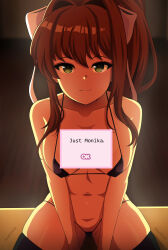  1girl absurdres audirenze bikini black_bikini black_thighhighs blush bow breasts brown_hair closed_mouth covered_erect_nipples doki_doki_literature_club english_text green_eyes hair_bow highres large_breasts long_hair looking_at_viewer micro_bikini monika_(doki_doki_literature_club) navel ponytail smile solo swimsuit thighhighs white_bow 