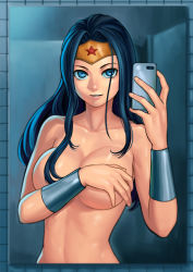  1girl bathroom black_hair blue_eyes breasts bridal_gauntlets cellphone collarbone covering_privates covering_breasts dc_comics female_focus large_breasts lasterk long_hair looking_at_viewer mirror nude parted_lips phone reflection selfie solo tiara wonder_woman wonder_woman_(series)  rating:Questionable score:137 user:dmysta3000